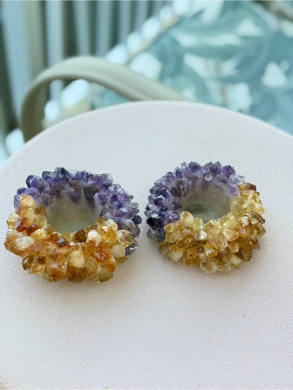 Handmade Amethyst & Citrine Candle Holders, Natural Gems - Set of 2